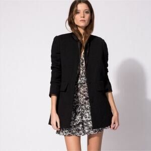 Maje Gretelle Leather Trim Jacquard‎ Knit Longline Coat Parisian Car Coat Sz 36